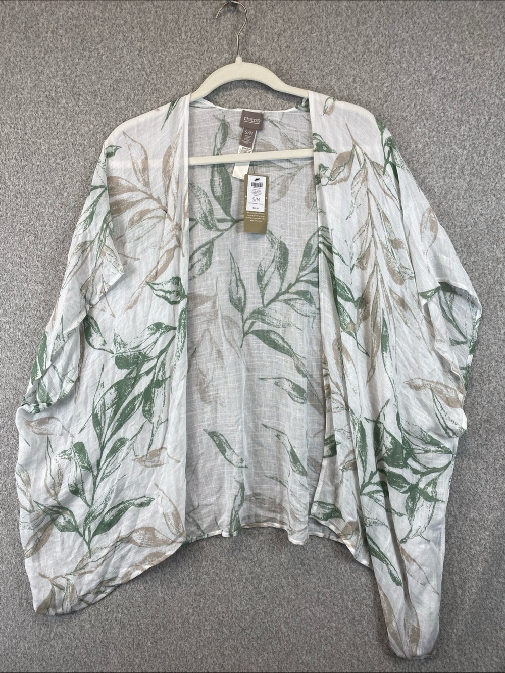 Chicos Cardigan Ruana Women’s S/M Oversized Boxy Open Front Leafy Lagenlook
